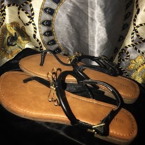 Black sandals , summer shoes ( gold bow )